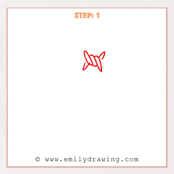 how to draw a barbed wire - Step 1: A small barbed wire knot with two pointed barbs begins the barbed wire drawing.